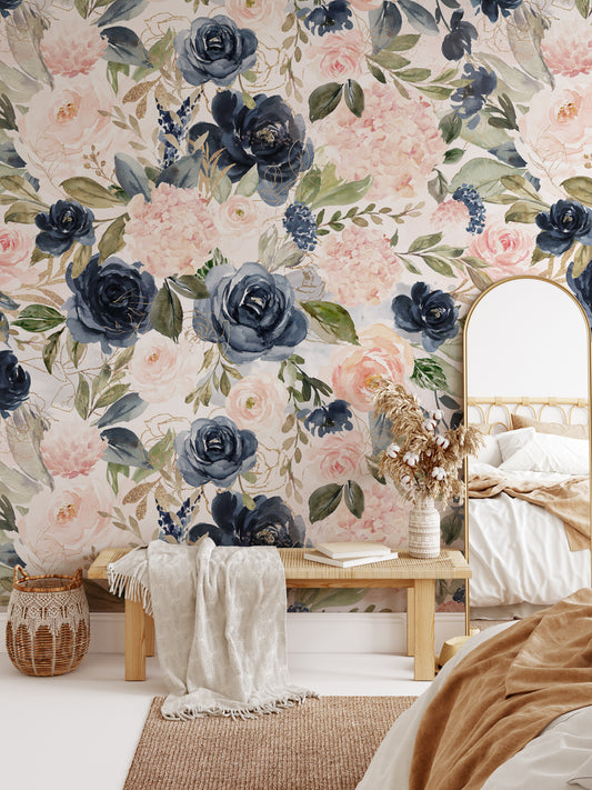 NAVY BLUSH S Wallpaper | Removable Pre-pasted Floral Wallpaper 0154 S