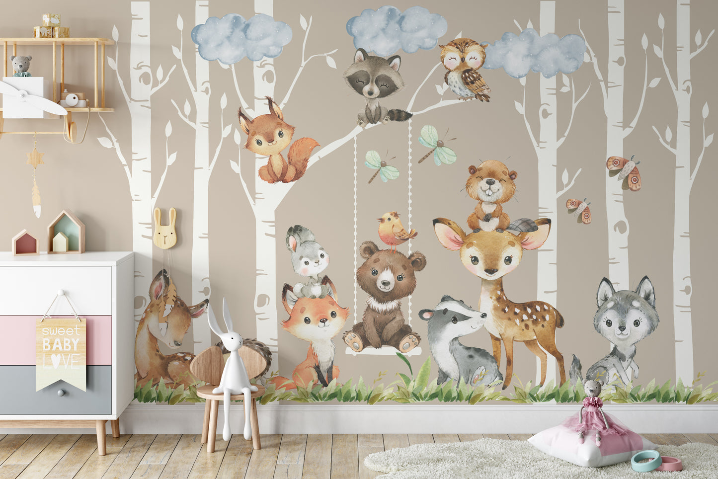 Removable Wall Stickers 6 Woodland Trees and 12 Animals for Nursery Décor