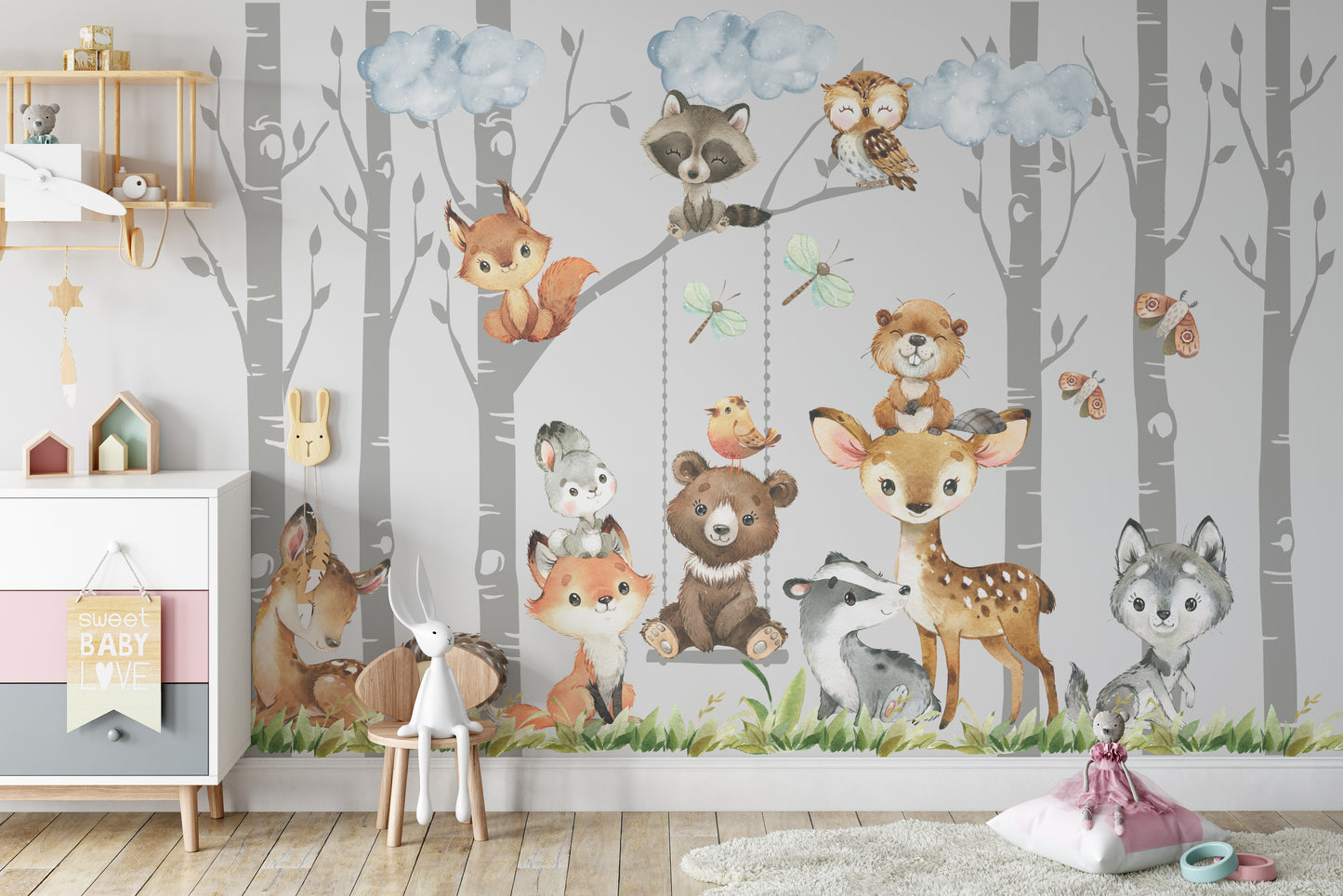 Removable Wall Stickers 6 Woodland Trees and 12 Animals for Nursery Décor