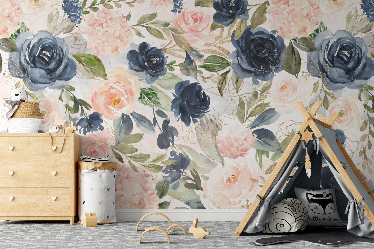 NAVY BLUSH Wallpaper | Peel and Stick Removable Floral Wallpaper 0154