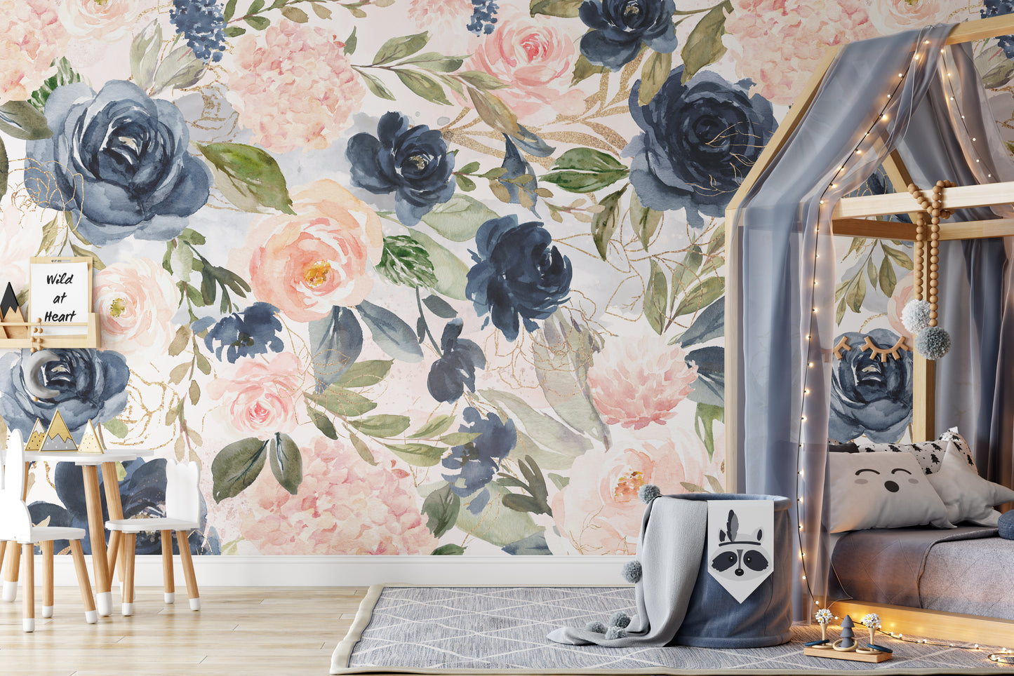 NAVY BLUSH Wallpaper | Peel and Stick Removable Floral Wallpaper 0154