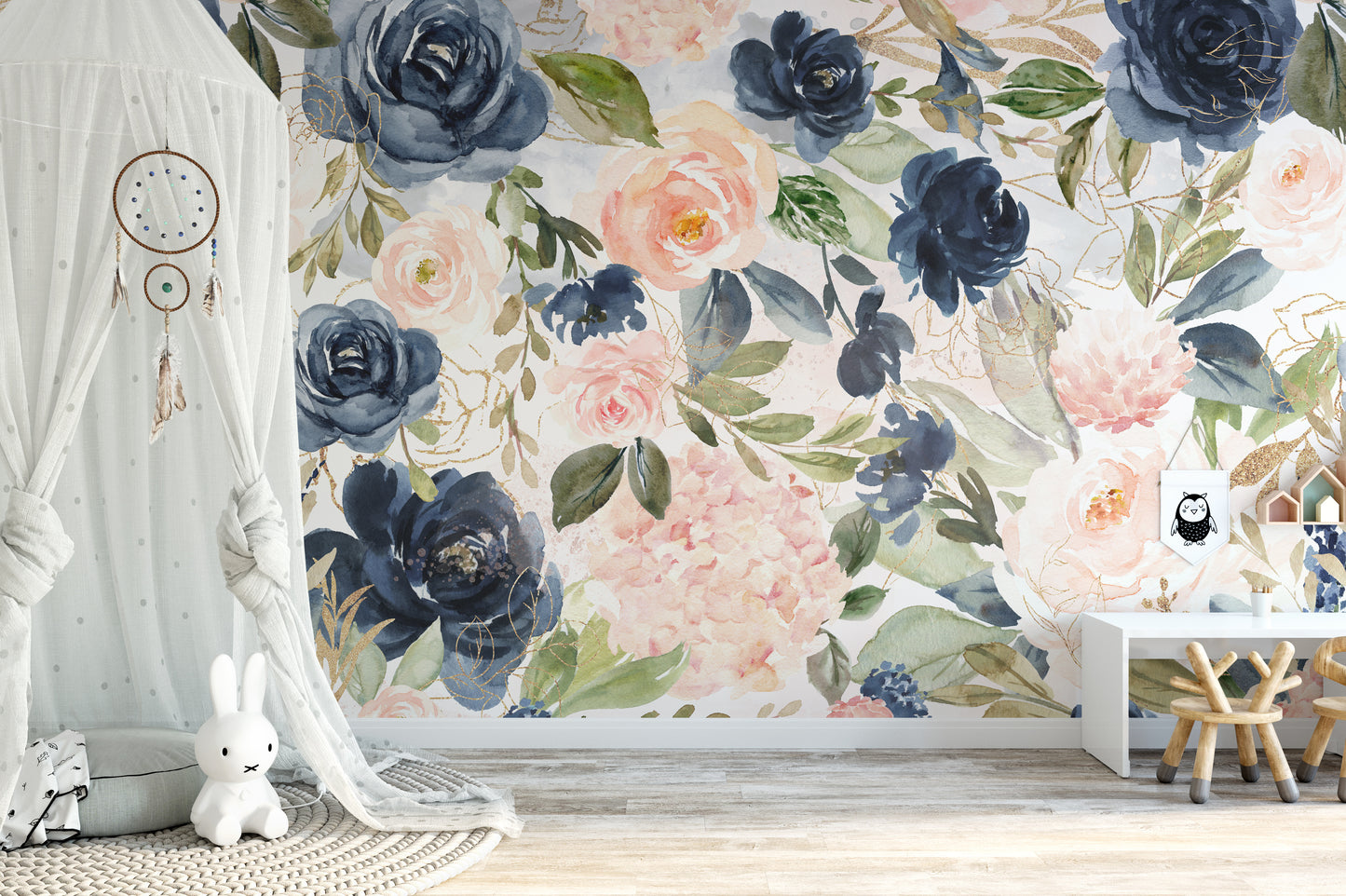 NAVY BLUSH Wallpaper | Peel and Stick Removable Floral Wallpaper 0154