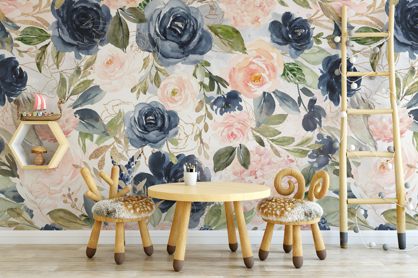 NAVY BLUSH Wallpaper | Peel and Stick Removable Floral Wallpaper 0154