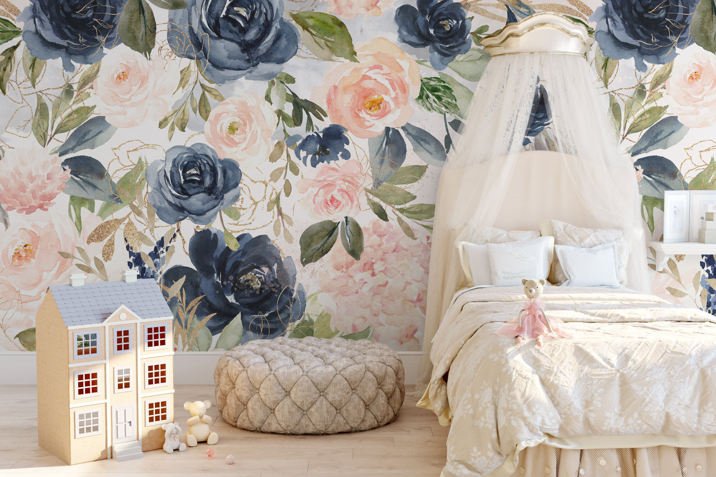 NAVY BLUSH Wallpaper | Peel and Stick Removable Floral Wallpaper 0154