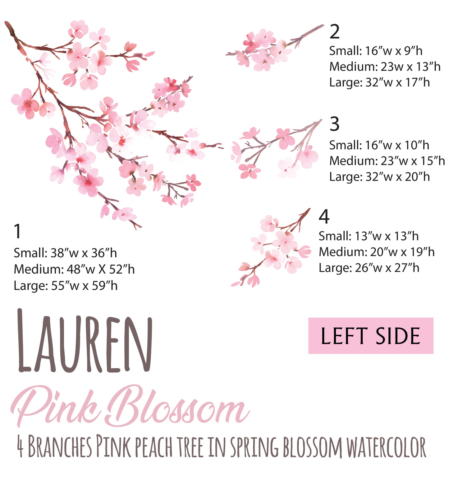 LAUREN Floral Watercolor WALL DECAL Pink Cherry Blossom Tree