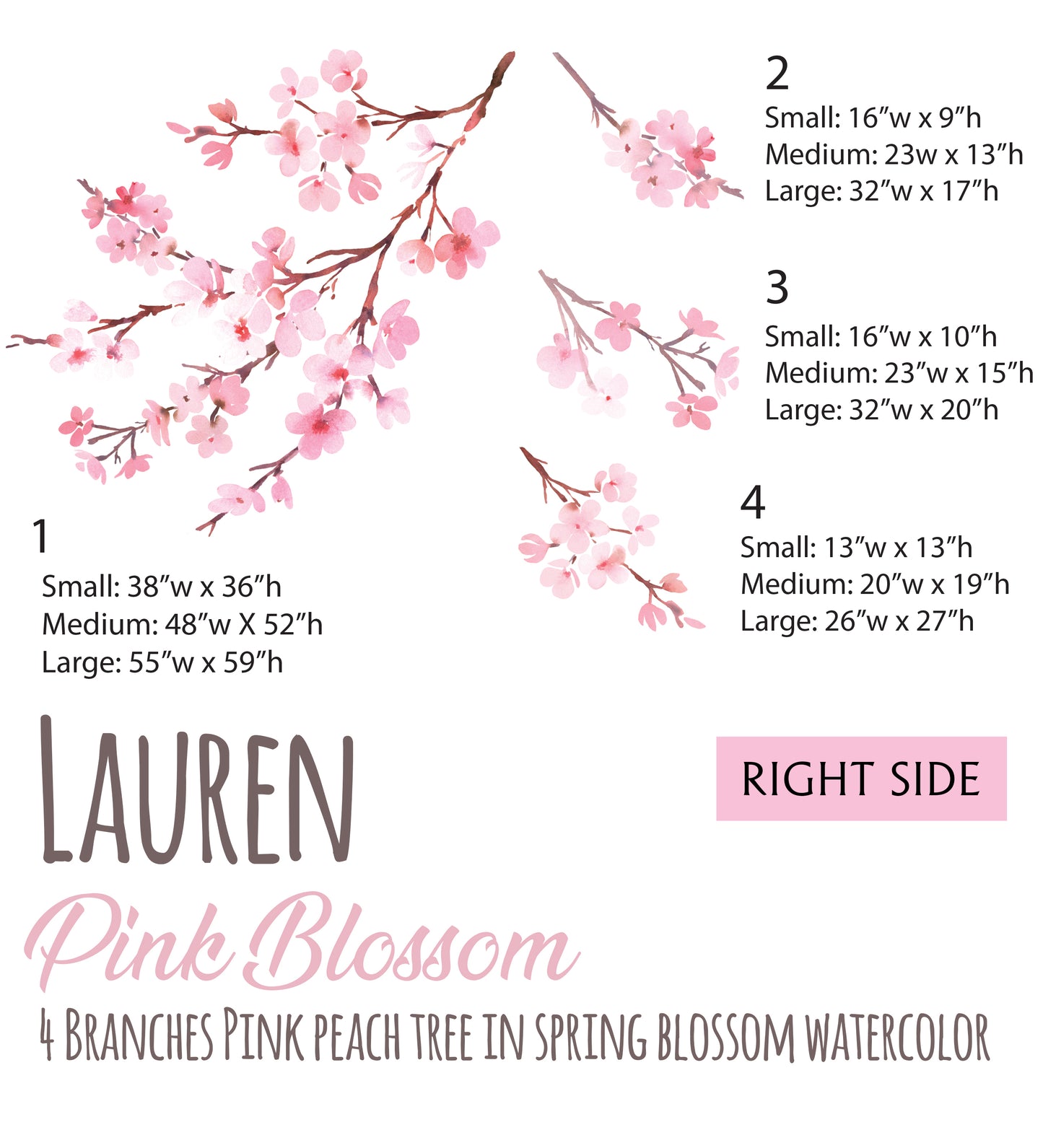 LAUREN Floral Watercolor WALL DECAL Pink Cherry Blossom Tree