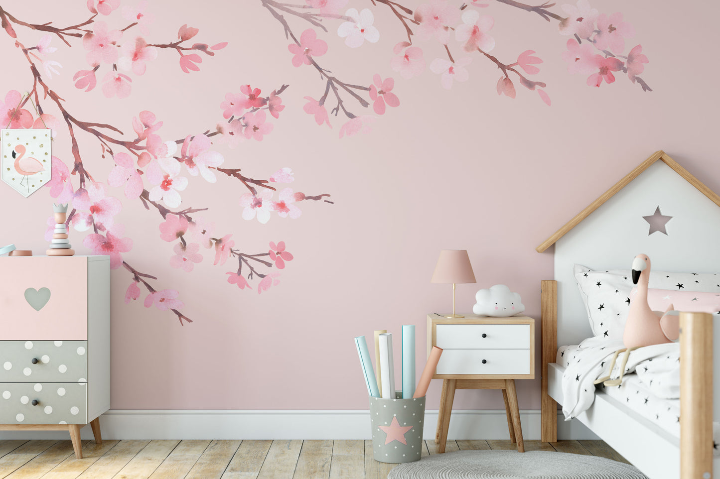 LAUREN Floral Watercolor WALL DECAL Pink Cherry Blossom Tree