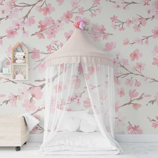 Removable Wallpaper LAUREN Watercolor Pink Cherry Blossom Flowers Nursery 0115