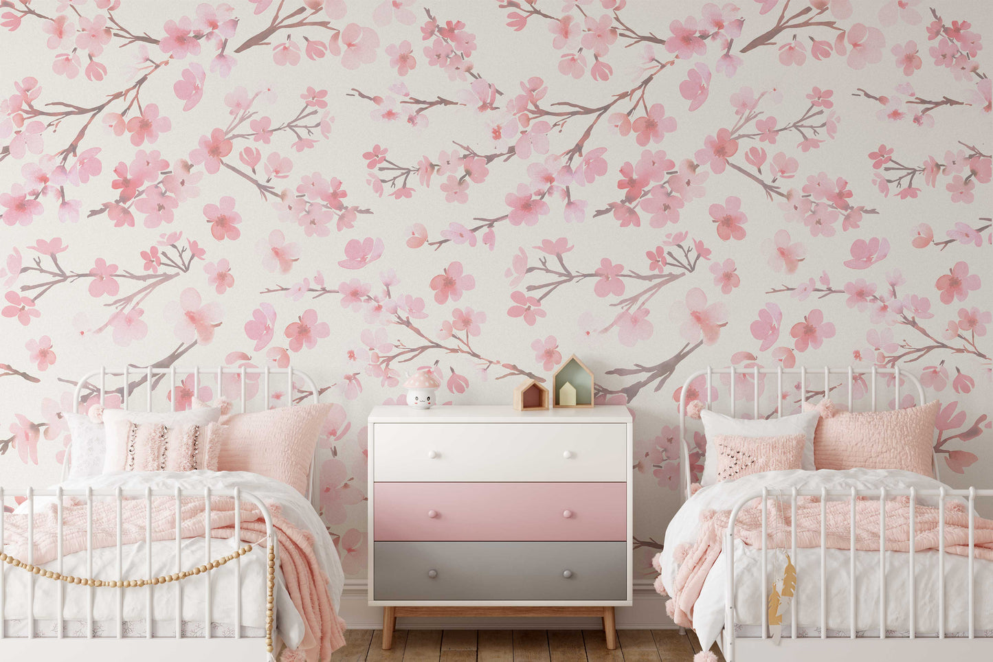 Removable Wallpaper LAUREN Watercolor Pink Cherry Blossom Flowers Nursery 0115