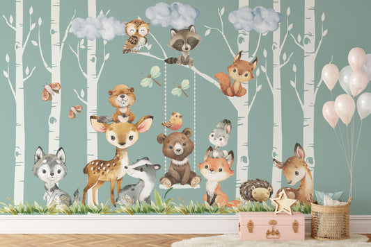 Removable Wall Stickers 6 Woodland Trees and 12 Animals for Nursery Décor