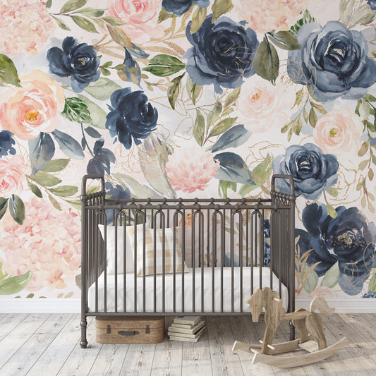 NAVY BLUSH Wallpaper | Removable Pre-pasted Floral Wallpaper 0154