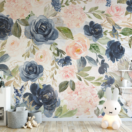 NAVY BLUSH Wallpaper | Peel and Stick Removable Floral Wallpaper 0154