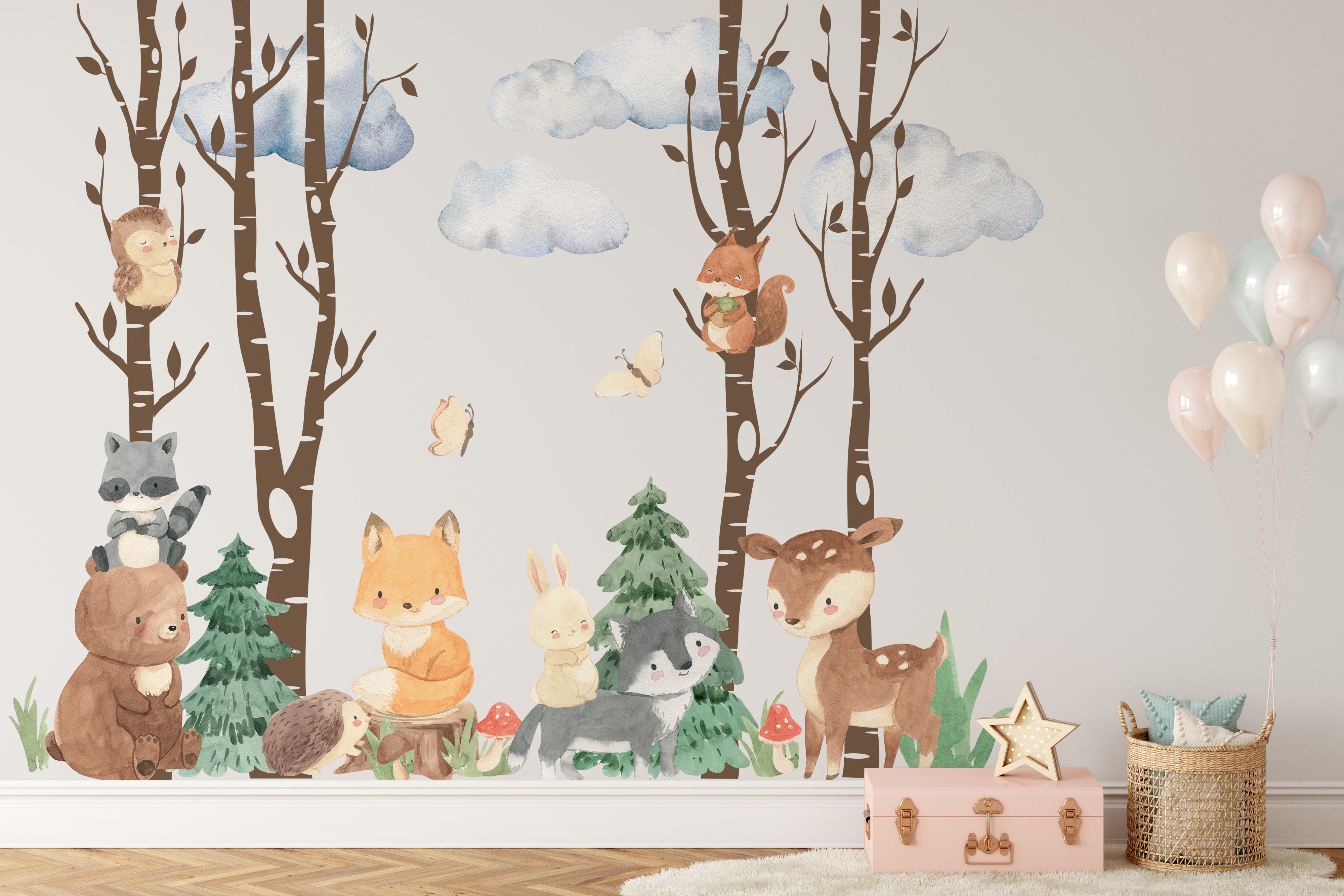 Woodland Wall Decals 4 Birch TREES 9 Watercolor Animals 2 Pine Trees Fox Bear shops Bunny Owl Raccoon Nursery Forest Wall Décor