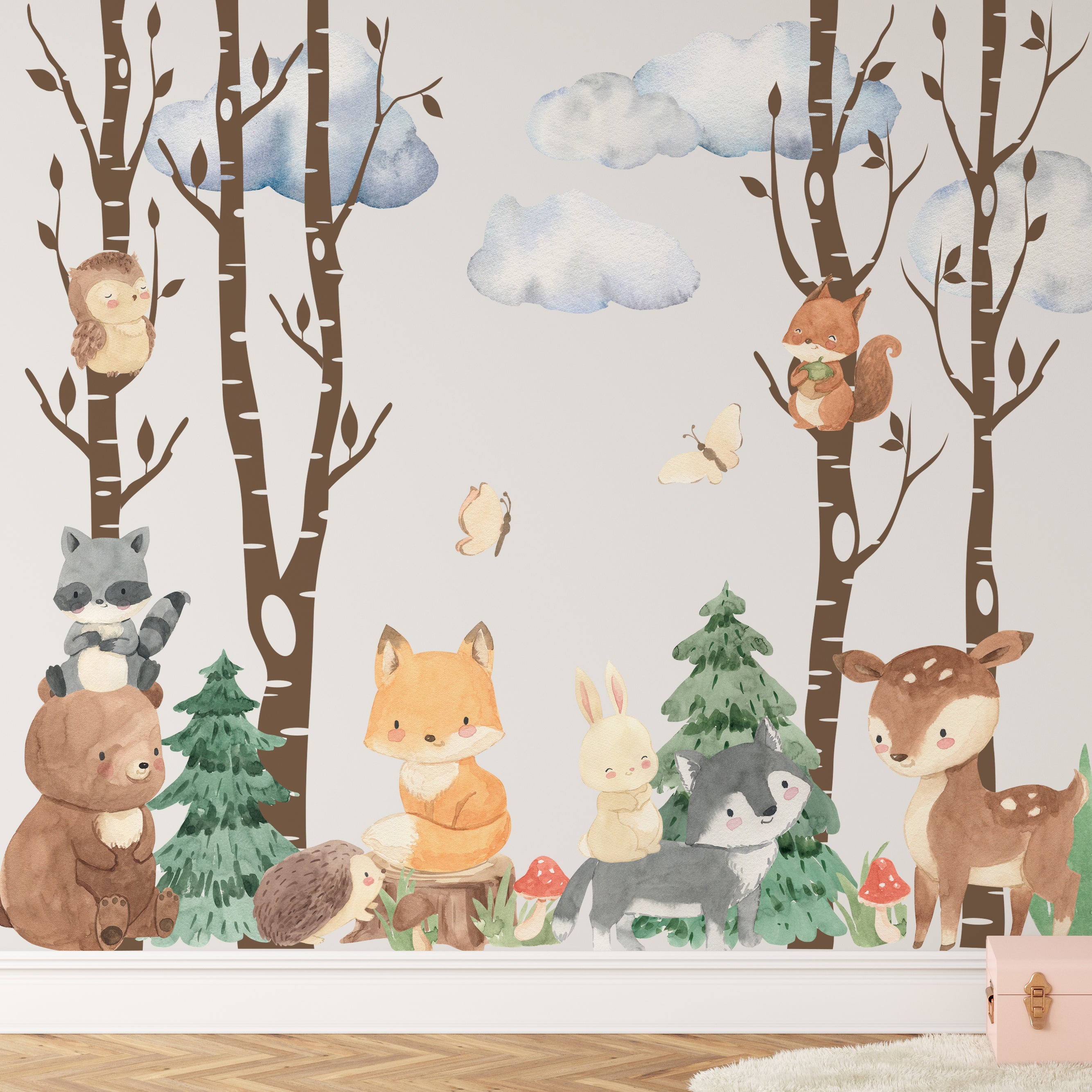 4 Birch TREES cheapest Wall Decals 9 Watercolor Animals 2 Pine Trees Fox Bear Bunny Owl Raccoon Nursery Forest Wall Décor