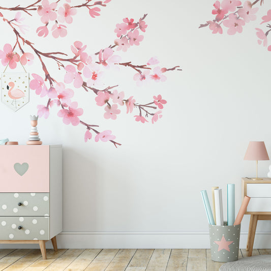 LAUREN Floral Watercolor WALL DECAL Pink Cherry Blossom Tree